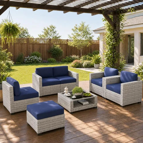 Vista 15 de Juego de 7 muebles de patio al aire libre, sofá seccional al aire libre, muebles de mimbre para patio, juego de conversación de patio con mesa