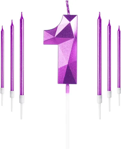 Vista 53 de Vela rosa de cumpleaños número 1 con 6 velas largas, decoraciones de decoración de pastel para fiesta de niña de 1 año, suministros de celebración