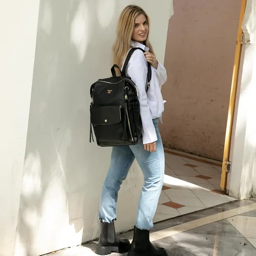 Vista 6 de Miss Fong Mochila de cuero para pañales - Bolsa de pañales para bebé con 13 bolsillos, cambiador, correas para cochecito, 4 bolsillos aislados Negro
