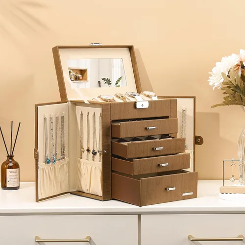 Vista 8 de Homde Caja de joyería enorme de cuero sintético, organizador de reloj con espejo, collar, anillo y aretes, caja de regalo con cerradura (marrón)