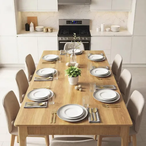Vista 7 de Mesa de comedor de madera maciza de 39 pulgadas para 2-4, mesa rectangular moderna de madera real, diseño acanalado de mediados de siglo