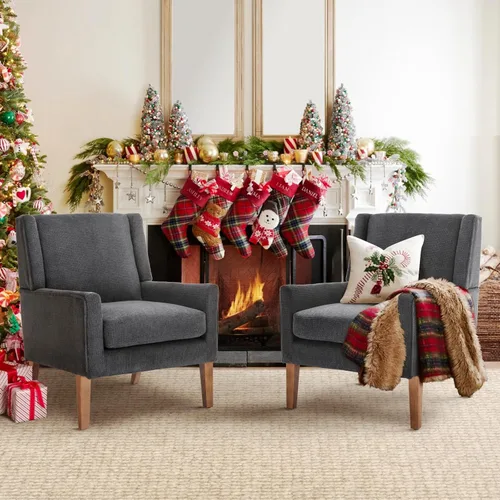 Vista 14 de COLAMY Silla moderna de ala para sala de estar, sillón tapizado de tela, sofá individual con asiento de salón y patas de madera para Beige
