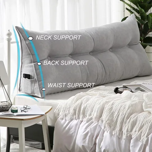 Vista 3 de Almohada triangular de lectura para reposo en cama, cojín grande para cabecero, respaldo largo, almohada de cuña con funda extraíble y dos bolsillos