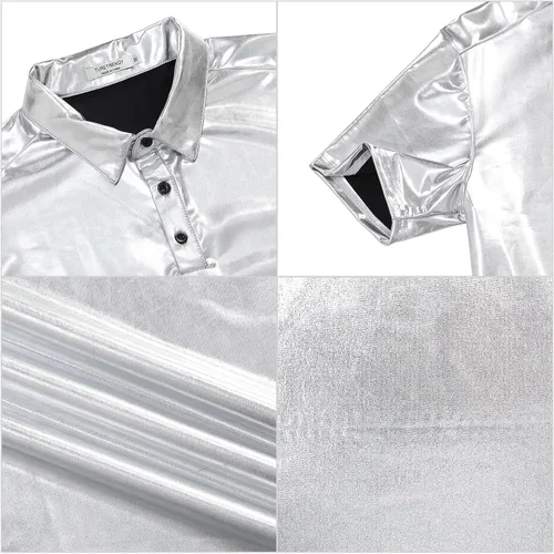 Vista 5 de TURETRENDY Camisa de discoteca de los años 70 para hombre, con lentejuelas brillantes, manga corta, para fiesta, polo hipster, discoteca, baile