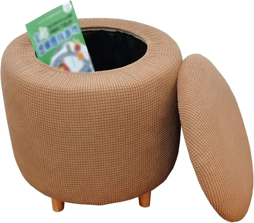 Vista 8 de Funda otomana redonda, fundas elásticas para otomanas, 2 piezas, fundas protectoras para reposapiés a cuadros suaves con parte inferior elástica
