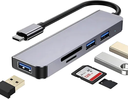 Vista 9 de Hub USB-C ultra delgado, adaptador 5 en 1 con 3 puertos USB-A, lector de tarjetas SD/TF, compatible con computadora portátil, PC de escritorio