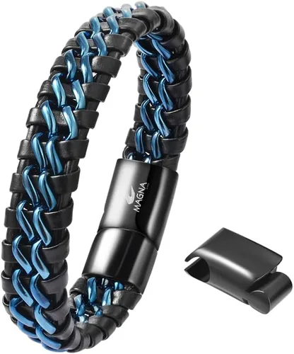 Vista 2 de Pulsera trenzada de cadena de acero con eslabones de cuero genuino para hombre