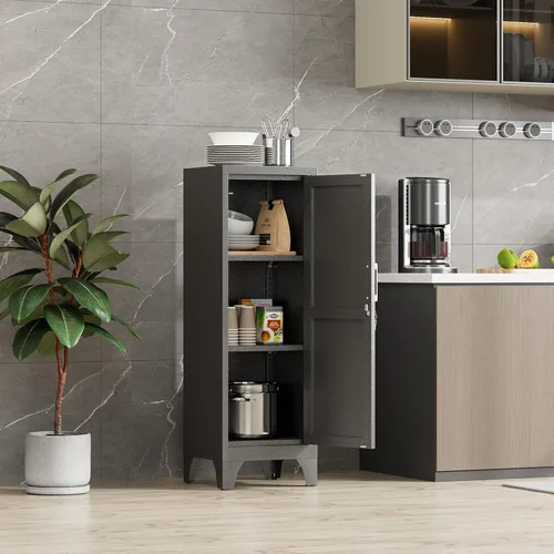 Vista 2 de Armario de metal negro de 46 pulgadas de alto con 1 puerta con cerradura y 2 estantes ajustables para empleados, armario de almacenamiento pequeño