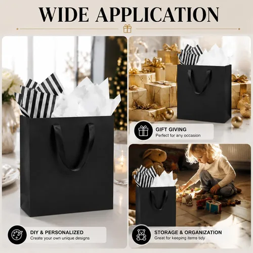Vista 5 de Offizon 12 bolsas de regalo negras, bolsas de regalo con papel de seda
