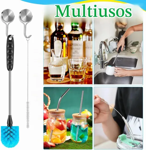 Vista 7 de Juego de 5 cepillos de limpieza de botellas, cepillo de limpieza con mango de acero inoxidable de 35.56 cm de largo y 3 cepillos para pajitas