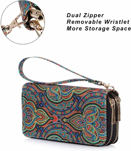 Vista 4 de HAWEE Cartera de teléfono celular para mujer con doble cremallera y correa de muñeca extraíble