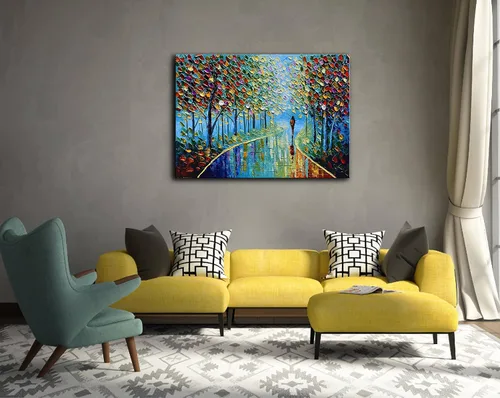 Vista 4 de YaSheng Art - Pintura al óleo de paisaje sobre lienzo con textura de árbol abstracto contemporáneo, pinturas de pared hechas a mano, decoración