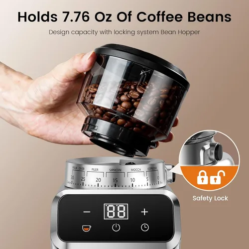 Vista 7 de Molinillo de café eléctrico, molinillo de granos de café Emojoy con 30 ajustes de molienda, molinillo de café con pantalla táctil para uso
