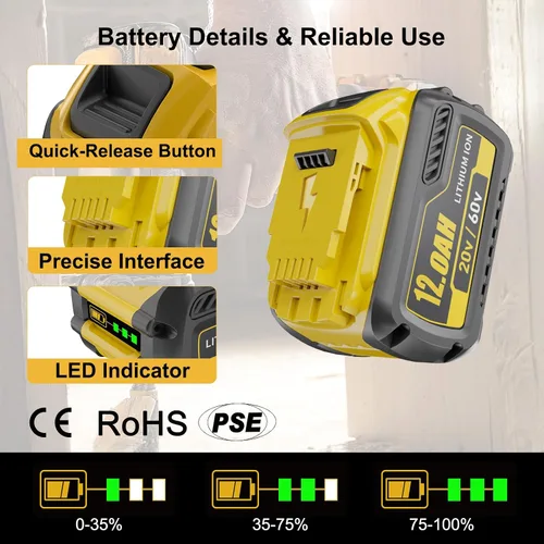 Vista 6 de Paquete de 2 baterías de repuesto de 12.0Ah para Dewalt 20V 60V compatible con Dewalt 20V/60V batería DCB609 DCB606 DCB612 Series Power Tools