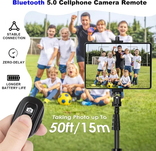 Vista 6 de Adaptador de montaje de trípode para iPad con cabeza esférica, soporte universal de abrazadera giratoria 360 con control remoto Bluetooth para iPad