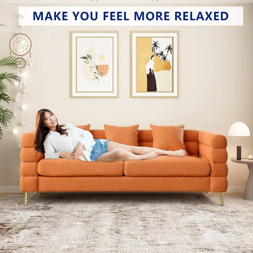 Vista 7 de Sofá de peluche, sofá copetudo de 81 pulgadas, cómodo sofá de 3 plazas con patas de metal dorado, moderno sofá seccional de asiento profundo, sofá