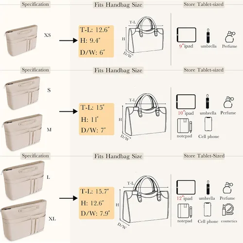Vista 5 de HyFanStr Organizador de bolso para bolsos, organizador de bolsa de mano, bolsa con cremallera para mujer, organizador de bolso interior con 15