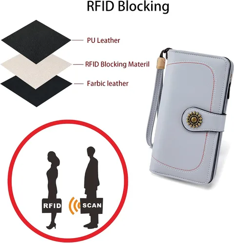Vista 6 de OPAGE Cartera de cuero de gran capacidad para mujer con bloqueo RFID y cremallera alrededor