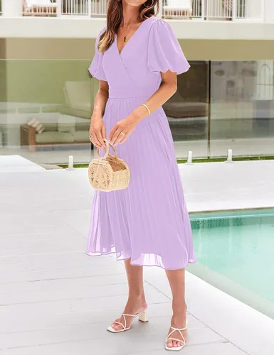 Vista 9 de MEROKEETY Vestido midi plisado con cuello en V y mangas abullonadas para mujer, para invitadas de boda