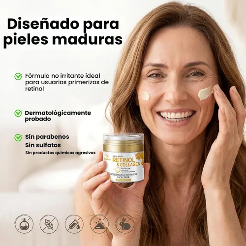 Vista 2 de Crema de Retinol para Rostro Anti Envejecimiento: Crema Antiarrugas para Cara y Cuello con Colágeno y Ácido Hialurónico - Hidratante Nocturno