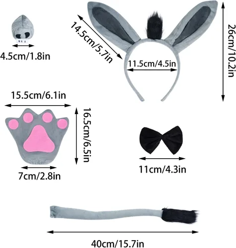 Vista 2 de Jmkcoz Disfraz de animal de burro para niños, diadema de orejas de burro gris, diadema, cola de lazo, patas, tutú para niñas y niños, fiesta