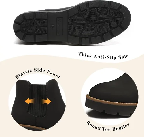 Vista 4 de Athlefit - Botas Chelsea con plataforma de cuña para mujer, suela de lengüeta, elásticas, con plataforma, tacón de cuña, botas al tobillo Negro