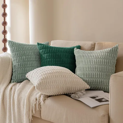 Vista 7 de Juego de 4 fundas de almohada decorativas de pana de 16 x 16 pulgadas, beige y verde Fundas de almohada suaves a rayas estilo bohemio moderno