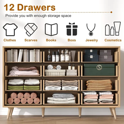 Vista 4 de Rovaurx Cómoda doble de 12 cajones para dormitorio, cómoda de ratán, cómoda de madera moderna con asas doradas, mesa auxiliar para armario, sala