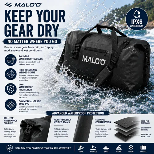 Vista 3 de Bolsa de lona impermeable Malo’o, bolsa de equipo resistente enrollable impermeable con correas para el hombro y bucles Molle, bolsa marina de lona
