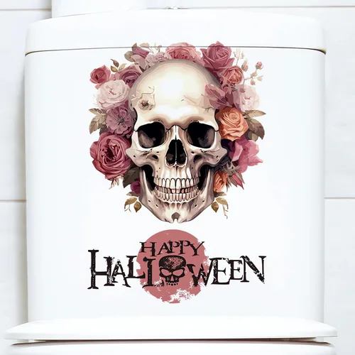 Vista 3 de Calcomanías de pared de calavera de flores de Halloween, calcomanías de pared de arte de terror de Halloween, vinilo extraíble para Halloween