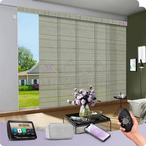 Vista 24 de Graywind Paneles deslizantes motorizados opacos compatibles con Alexa Google, persianas de riel para puertas corredizas de patio
