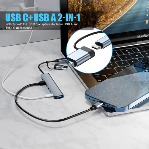 Vista 4 de 【Actualización】 Concentrador USB C/USB, BERLAT Aluminio 7 en 1 USB C y Hub USB con USB 3.0, puertos USB 2.0 para PC/portátiles/MacBook