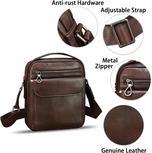 Vista 6 de Bolso de mensajero de cuero genuino para hombre, bolso cruzado de hombro, bolso vintage para hombre