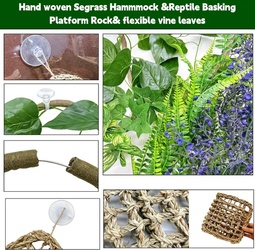 Vista 6 de Hamaca de dragón barbudo, plataforma para tomar el sol, reptil, plantas artificiales, hojas y vides, decoración de hábitat de lagarto, accesorios