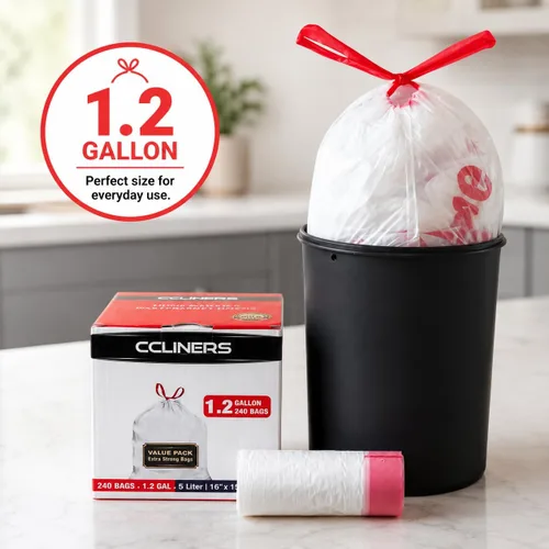 Vista 4 de Bolsas de basura pequeñas con cordón blanco de 1.2 galones (240 bolsas), código A, 4.5 litros, bolsas de basura para baño, bolsas de basura de 1