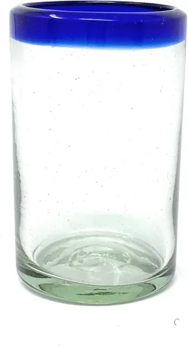 Vista 6 de Vasos mexicanos soplados a mano, juego de 6 vasos de jugo con bordes azul cobalto (8 onzas cada uno)