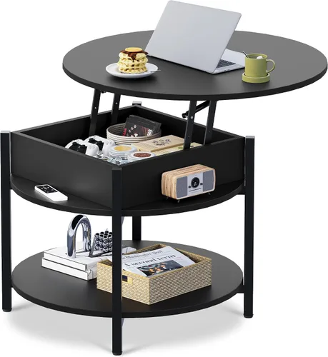 Vista 14 de WLIVE - Mesa de centro redonda, mesa de café pequeña de 32.6" con estante de almacenamiento, mesa de centro de madera de 2 niveles para sala