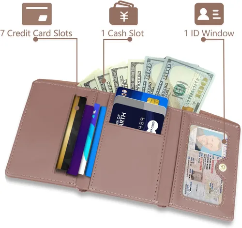 Vista 2 de Billetera triple para mujer, delgada para tarjetas de crédito, carteras de cuero con ventana de identificación, Rosado, Trifold