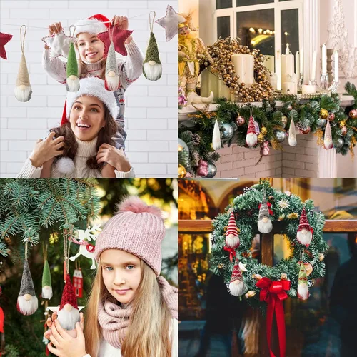Vista 4 de Vinsot 24 piezas Adornos de árbol de Navidad colgantes de gnomo Adornos navideños colgantes a granel Adornos suecos de felpa hechos a mano Elfo