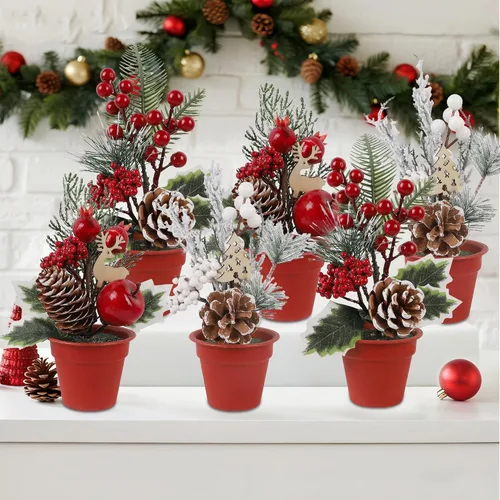 Vista 9 de winemana Mini decoraciones de mesa de árbol de Navidad, 6 piezas de árbol artificial pequeño con piñas y bayas rojas, centro de mesa navideño