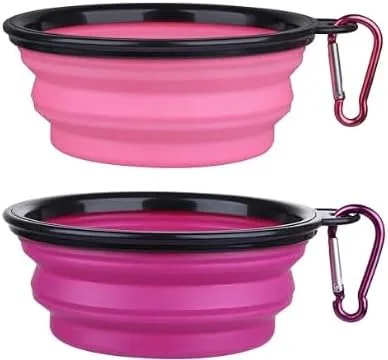 Vista 7 de Juego de cuencos plegables para mascotas, cuencos portátiles de silicona para alimentos y agua con clip de mosquetón, multicolor, diseño que ahorra