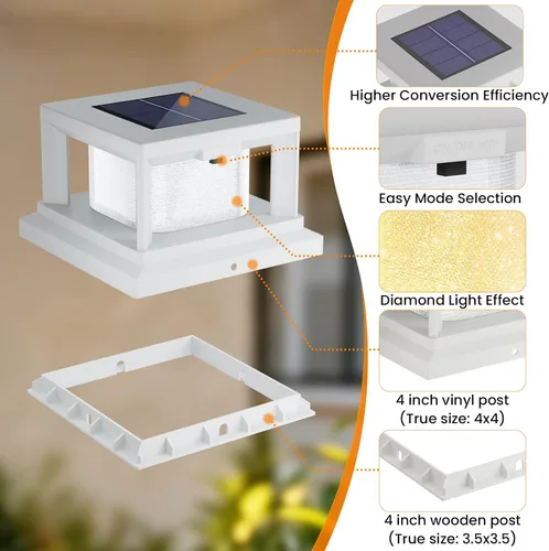 Vista 6 de Paquete de 4 luces solares para postes al aire libre, 2 modos de luz LED para postes de 4 x 4, luz impermeable para decoración de patio, jardín