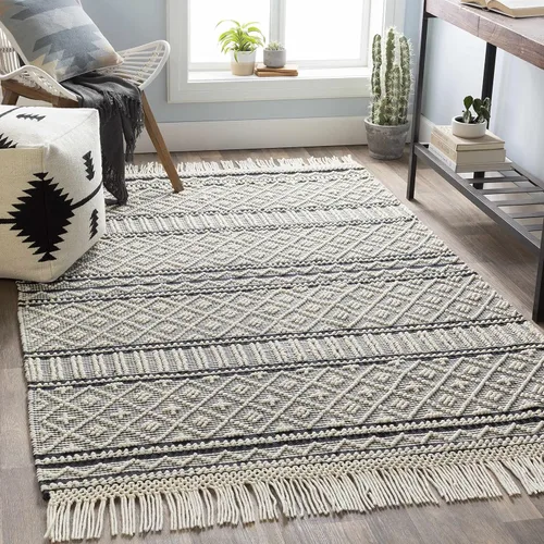 Vista 6 de Hauteloom Leon - Alfombra marroquí bohemia de lana para sala de estar y dormitorio, alfombra bohemia hecha a mano con enrejado, color negro, blanco