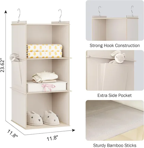 Vista 3 de YOUDENOVA Organizador colgante de armario, estantes de almacenamiento colgantes de 3 repisas, beige