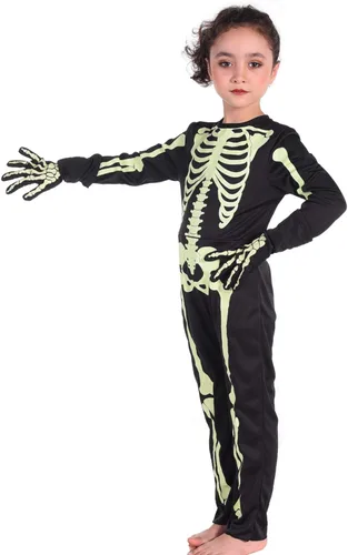 Vista 9 de Disfraz de esqueleto para niños, disfraz de Halloween que brilla en la oscuridad, huesos blancos, traje de cuerpo elástico para niños y niñas