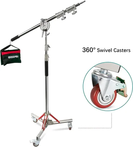 Vista 3 de Soporte en C de acero inoxidable resistente con ruedas y brazo de pluma, soporte de luz para fotografía, brazo de pluma que se extiende de 3.47 a