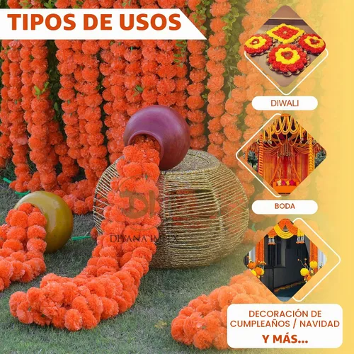 Vista 2 de DIYANA IMPEX Guirnalda de caléndula para decoración, 5 piezas de hebras artificiales de caléndula de 5 pies de largo, decoración india para Pooja
