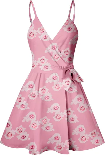Vista 4 de CASURESS - Vestido corto de verano con cuello en V para mujer con estampado floral vuelo tirantes delgados cinturón sin mangas estilo patinadora