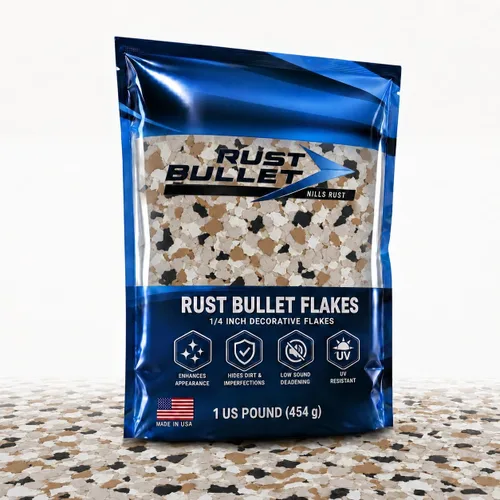 Vista 19 de RUST BULLET Copos de color decorativos – marrón otoñal – Personaliza pisos de concreto con 1 libra de chips de vinilo duraderos y resistentes a