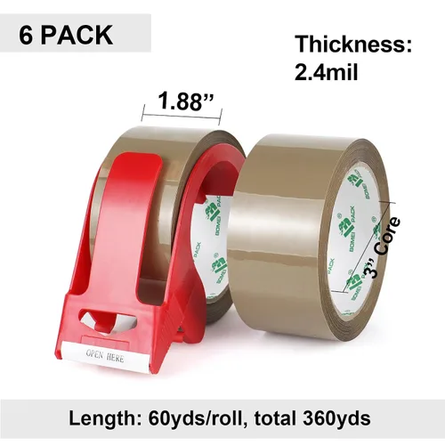 Vista 2 de BOMEI PACK Cinta de embalaje marrón con dispensador, 2.4 milímetros 1.88 pulgadas x 60 yardas, 6 rollos de recarga de cinta de embalaje